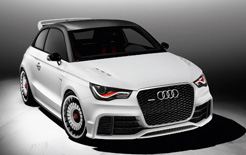 Audi A1 clubsport quattro is finished in glacier white matte finish and features four rings at the front of the car in solid aluminium