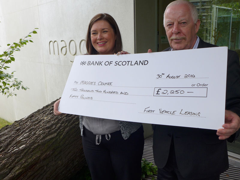 104_Dixie Deans of First Vehicle Leasing former Celtic FC footballer presents a £2250 cheque to Tricia Imrie Centre Fundraising Manager Maggie’s Glasgow