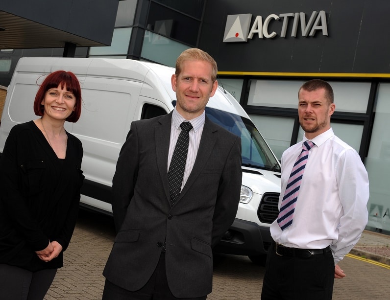 Jack Ball commercial vehicle manager Activa Contracts centre flanked by commercial vehicle executives Faye Taylor and Ben Green