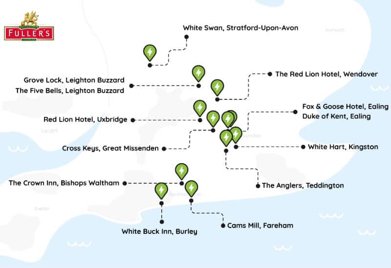Fullers map of Pod Point chargepoint installs