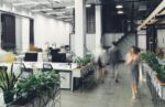 modern open space office interior with blurred business colleagues