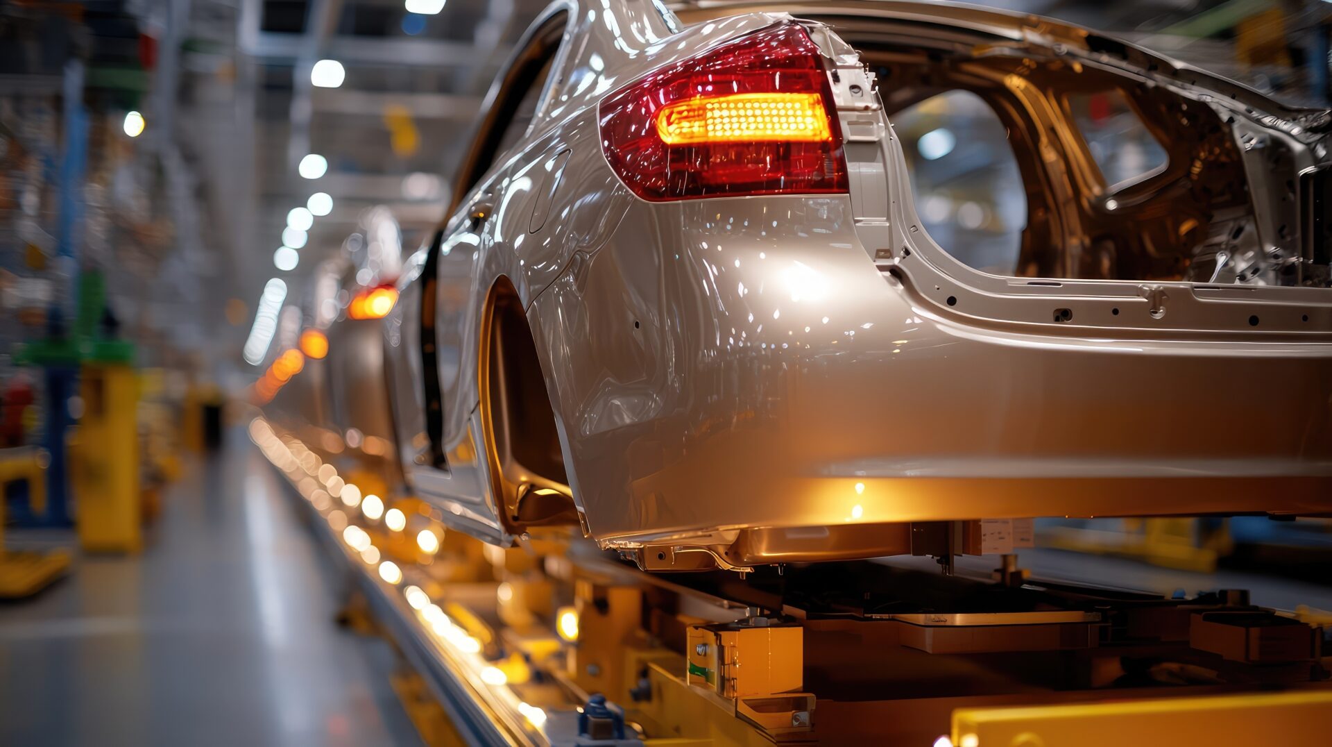 Automobile assembly plant with chassis moving through automated production stations.