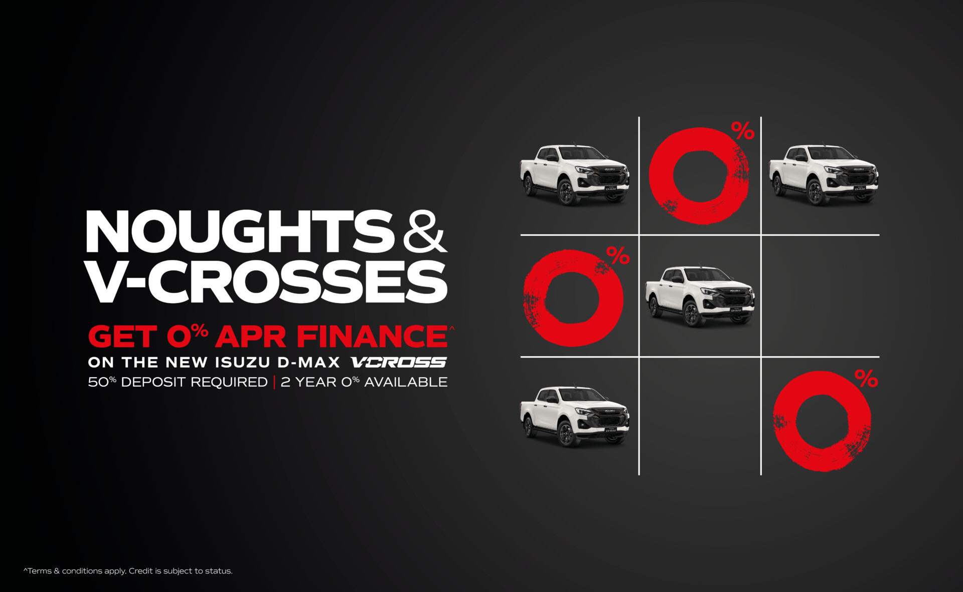 Noughts and Crosses grid advertising 0% APR finance on new Isuzu D-Max V-Cross, with white vehicles and red O symbols on…