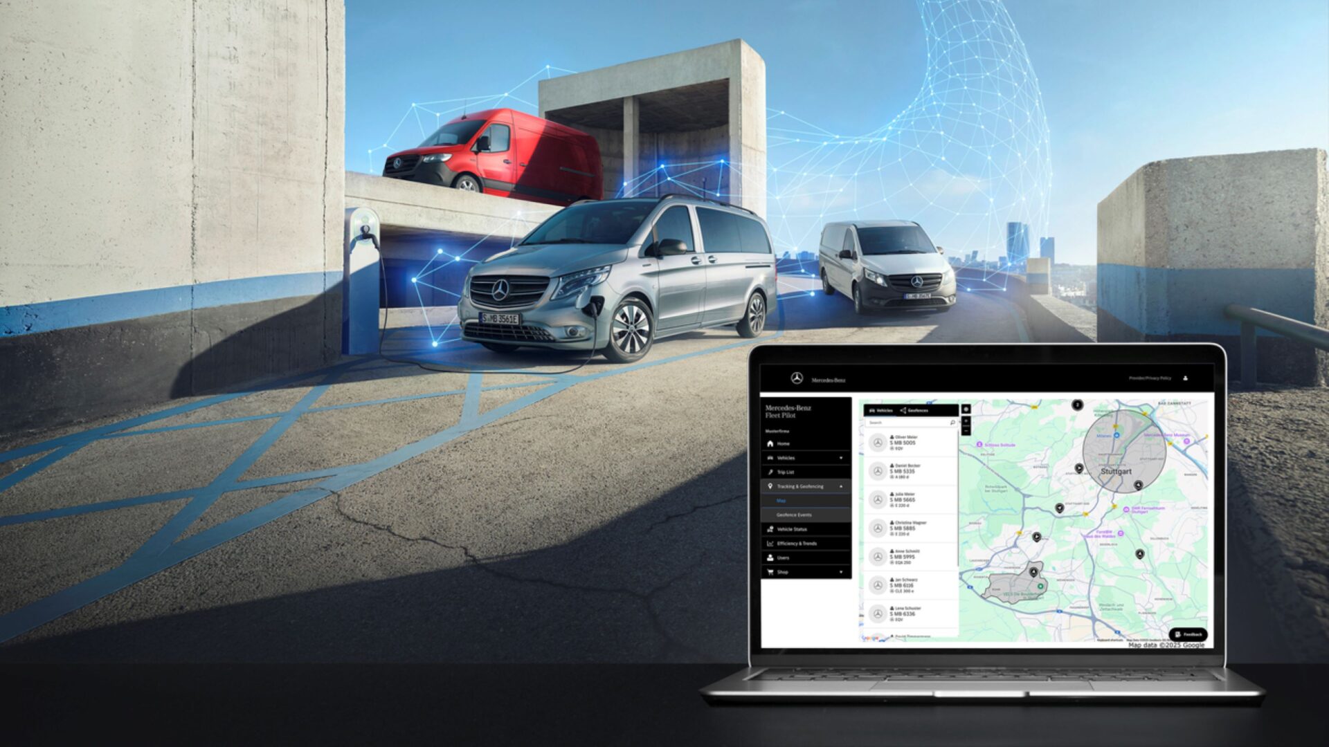 Mercedes-Benz Fleet Pilot digital management system displayed on laptop screen showing map interface, with fleet vehicles…