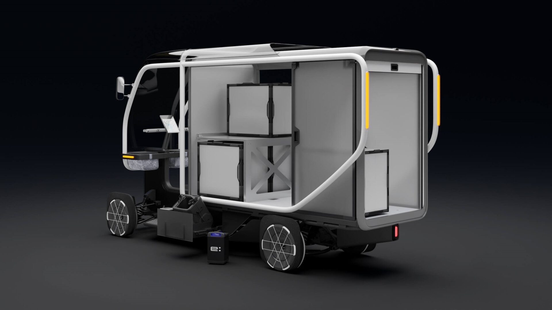 Honda eQuad electric vehicle with modular cargo compartment, shown with open side panel revealing internal storage…