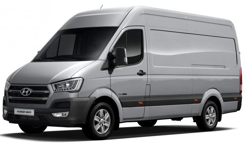Silver Hyundai H350 van with high roof, three-quarter view against white background.