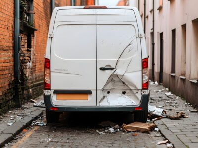 Alps releases fleet GAP insurance for brokers Delivery van rear ended by another vehicle in a narrow urban alley causing the van s cargo doors to be smashed open and debris scattered on the ground