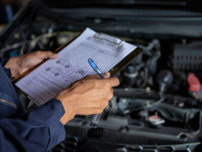 A mechanic service car in garage is check a list cars.