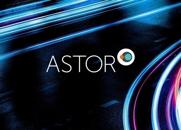 Astor Media logo with blue and purple light streaks on dark background