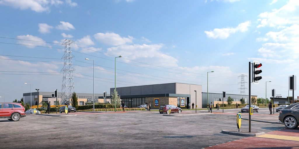 Be.EV ultra-rapid electric vehicle charging hub at Hattersley with modern facility building, traffic lights and paved…