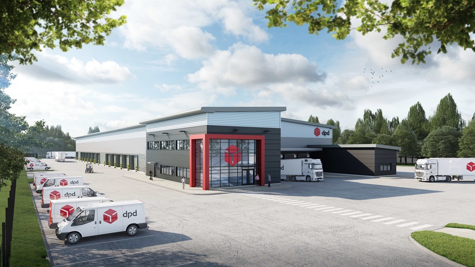 DPD parcel hub facility with loading area, delivery vans and surrounding warehouses.