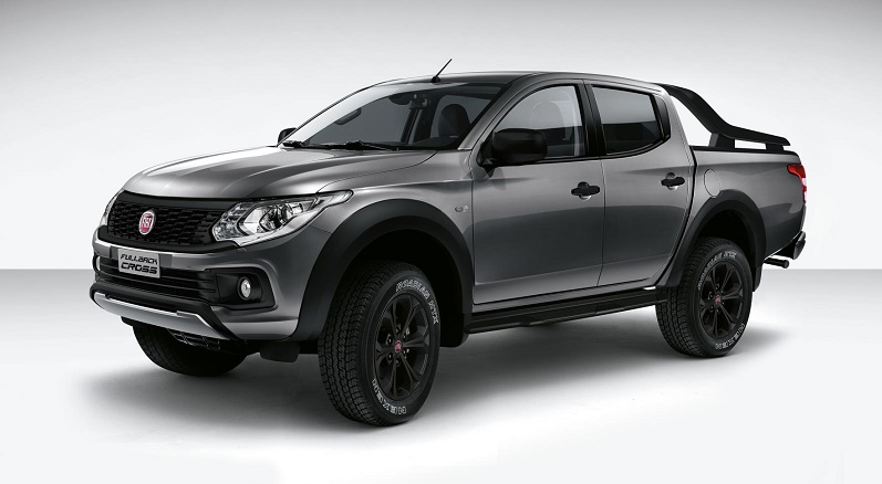 Grey Fiat Fullback Cross double cab pickup truck with black trim and alloy wheels against white background.