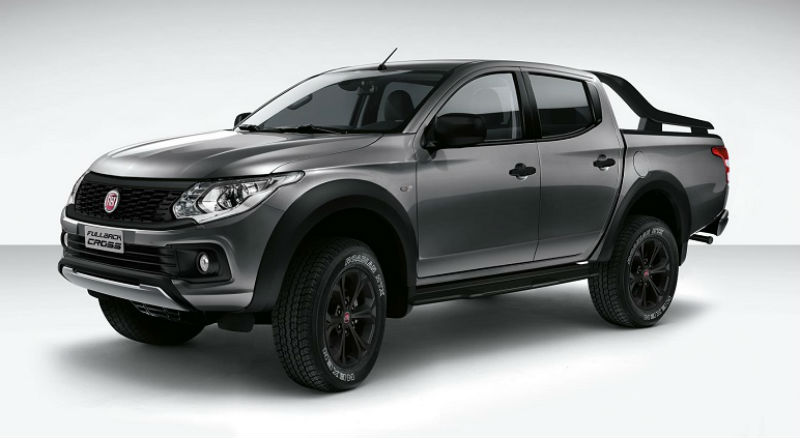 Dark grey Fiat Fullback pick-up truck shown in three-quarter view against white background.