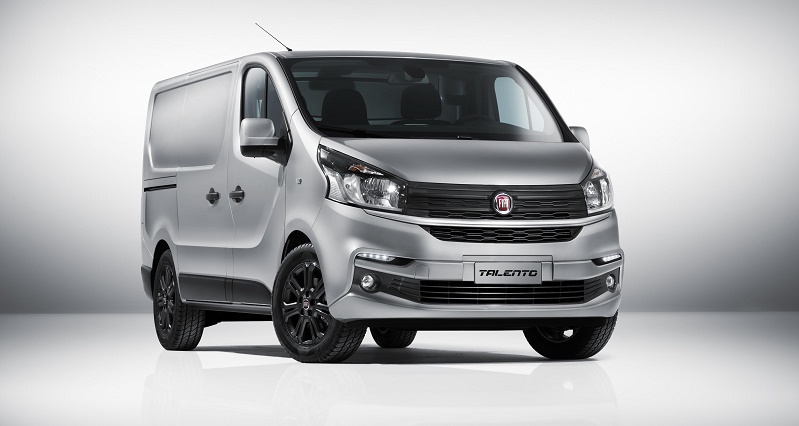 Silver Fiat Talento compact van with dark alloy wheels, front three-quarter view against white background.