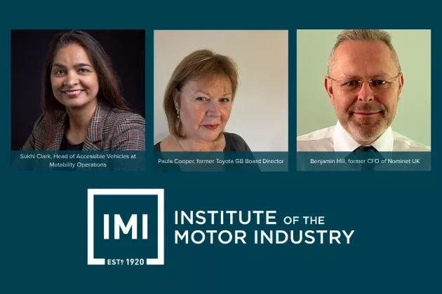 Three headshots of new IMI non-executive directors: Suki Clark, Paula Cooper and Benjamin Hill, with Institute of the…