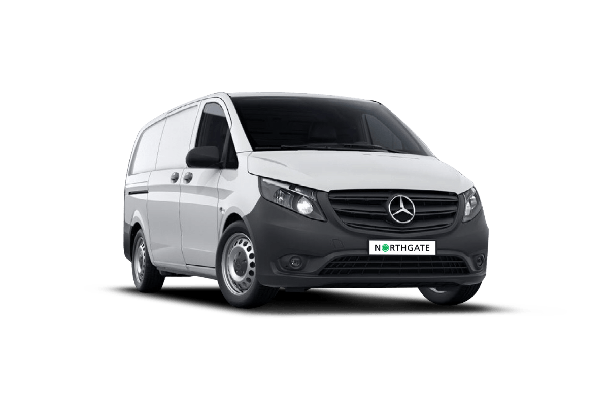 White Mercedes-Benz e-Vito van with Northgate registration plate against white background.