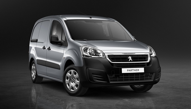 Silver Peugeot Partner van shown in three-quarter front view against dark background