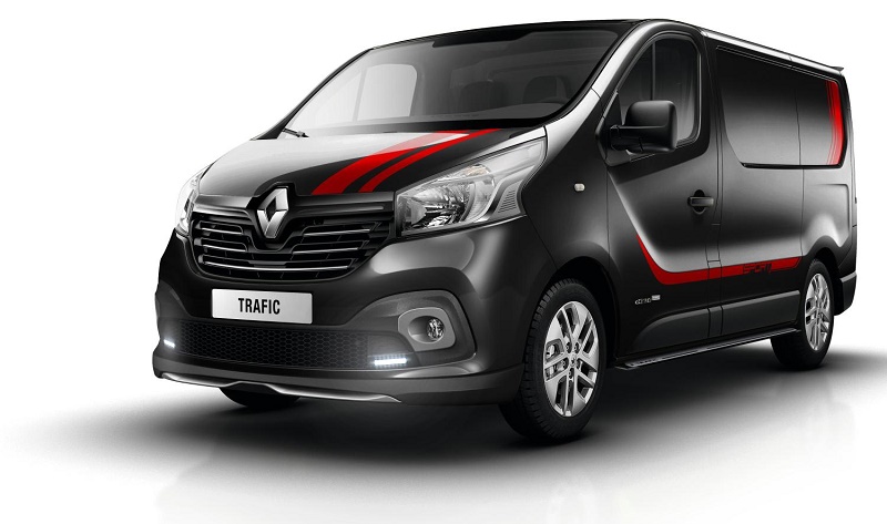 Black Renault Trafic van with red and grey Sport+ bodykit stripes and alloy wheels against white background.