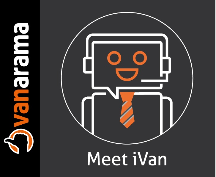 iVan chatbot mascot with smiling face on screen, wearing tie, representing Vanarama's AI vehicle ordering assistant