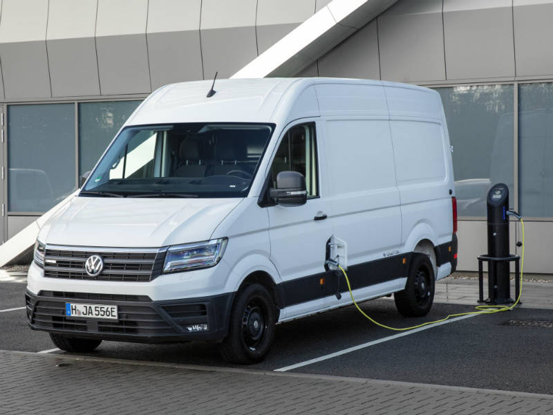 White Volkswagen e-Crafter van charging at an outdoor charging point outside a modern building.