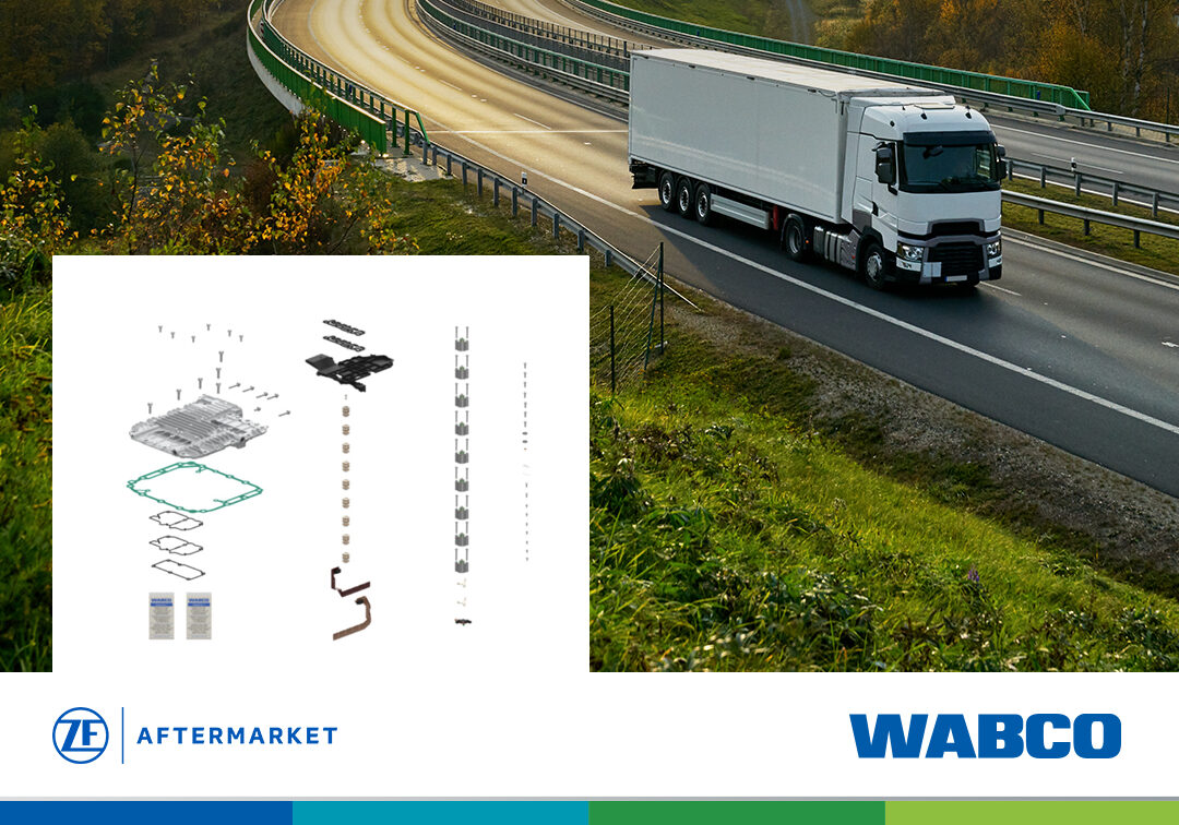 White articulated lorry on curved motorway with exploded diagram of solenoid repair kit components below.
