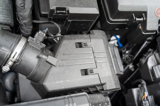 Car engine bay showing mass airflow sensor and connected components in black plastic housing.