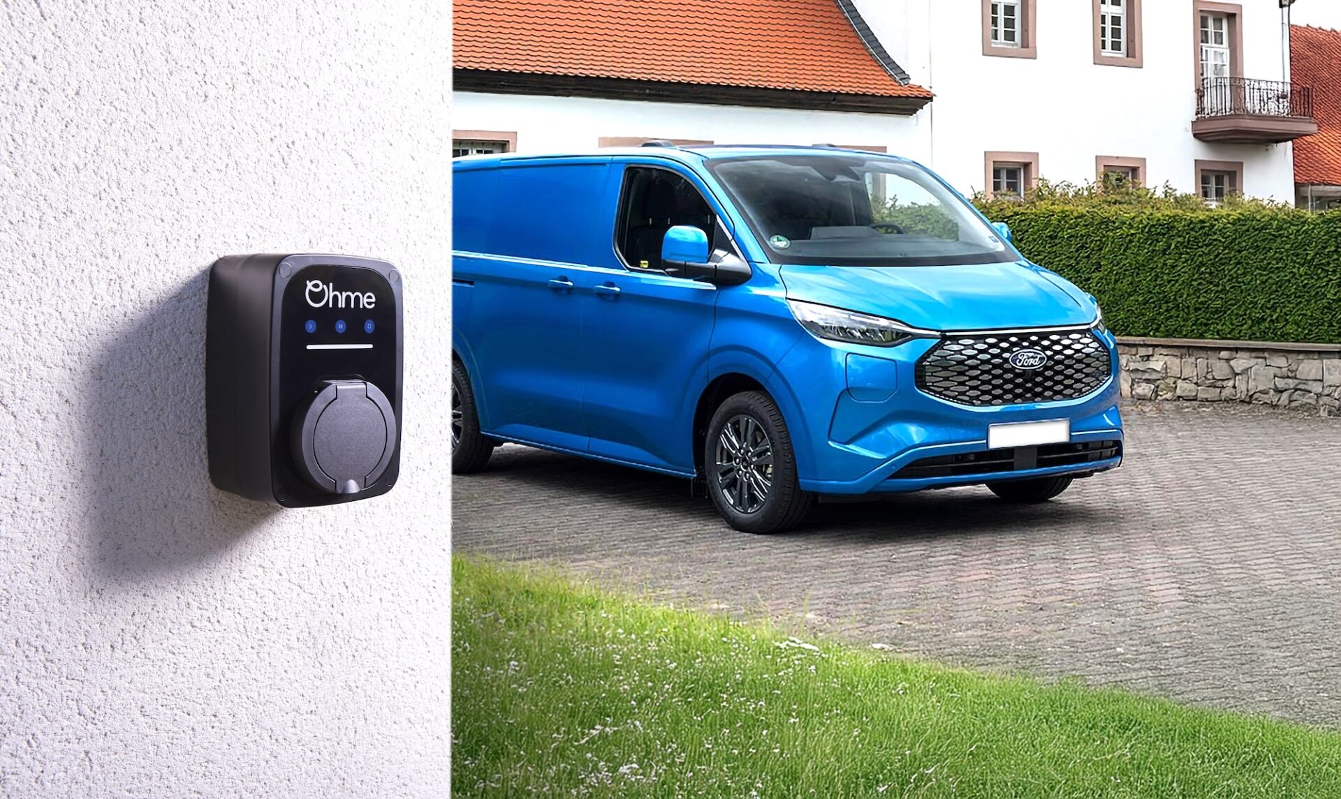 Chime electric vehicle charger mounted on white wall with blue Ford electric vehicle parked in driveway of traditional house.