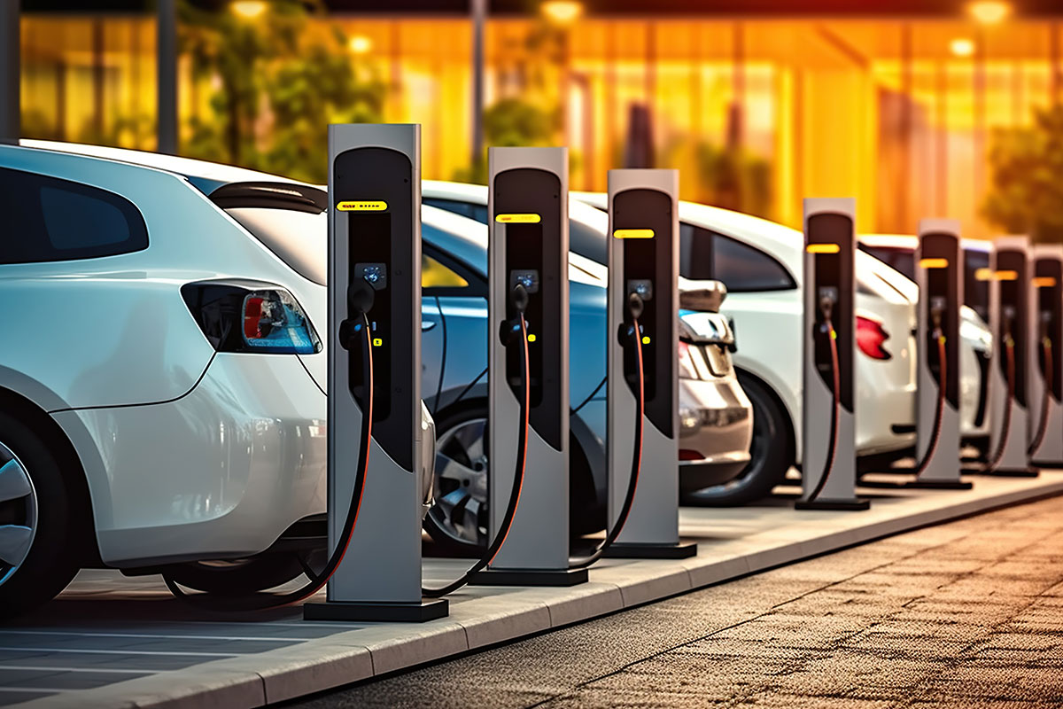 Row of electric vehicle charging stations with white and blue cars plugged in at sunset, illuminated building in background.