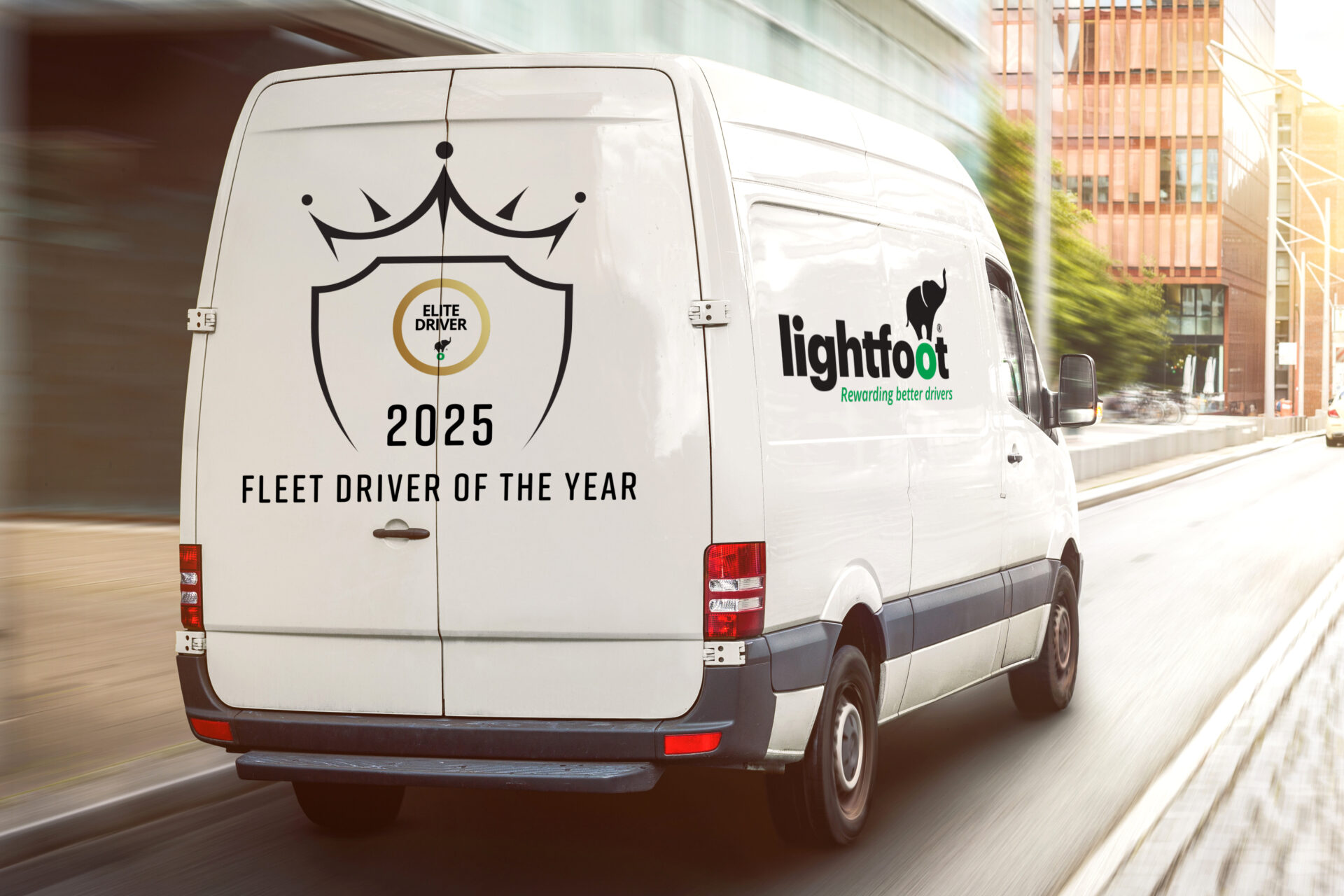 White Lightfoot delivery van displaying Fleet Driver of the Year 2025 crown emblem and award branding on its rear doors,…