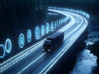 New HGV registrations see fifth quarterly fall to 14.5% – SMMT Autonomous truck driving on bridge with AI sensors, self-driving vehicle transportation technology
