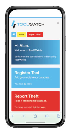 Tool Watch app home screen on smartphone displaying greeting, register tool and report theft options.