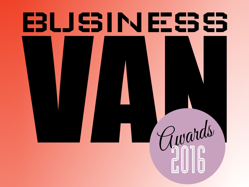 Business Van Awards 2016 logo with large black letters on coral gradient background and purple circular badge.