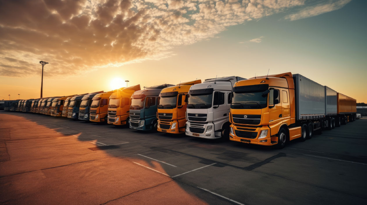 Fleet of articulated lorries parked in a row at sunset, showing orange and white commercial vehicles lined up in a…