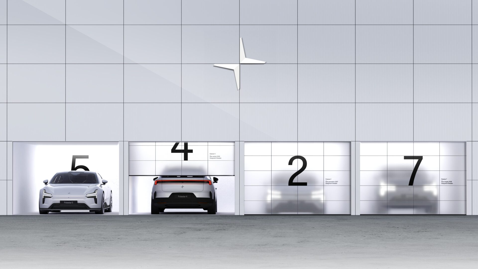 Four vehicles in numbered garage spaces (5, 4, 2, 7) with white minimalist architecture backdrop.