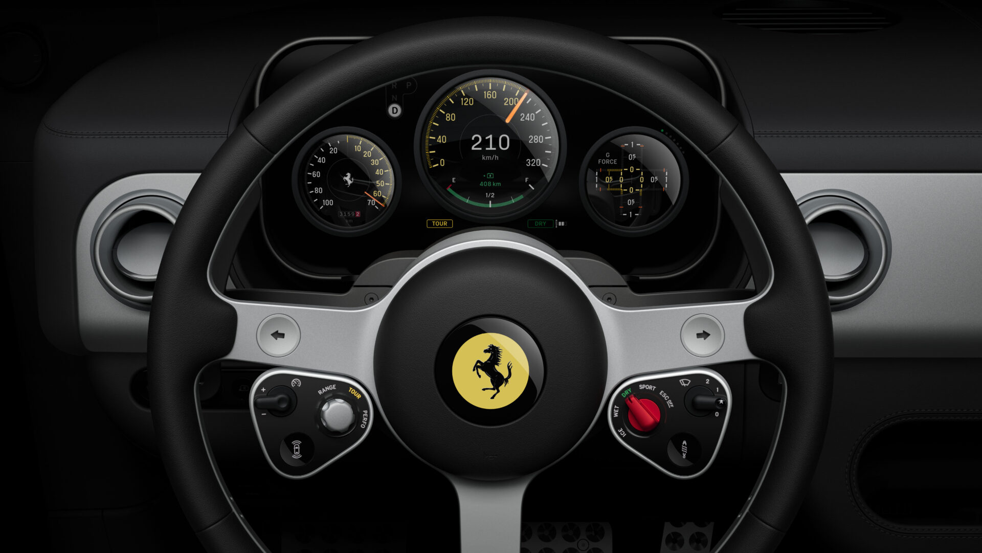 Ferrari Luce electric vehicle steering wheel and instrument cluster with yellow prancing horse badge and speedometer display.