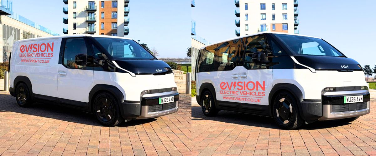 Two Kia PV5 electric vans in white and black livery parked on brick paving, showing cargo and passenger variants side by…