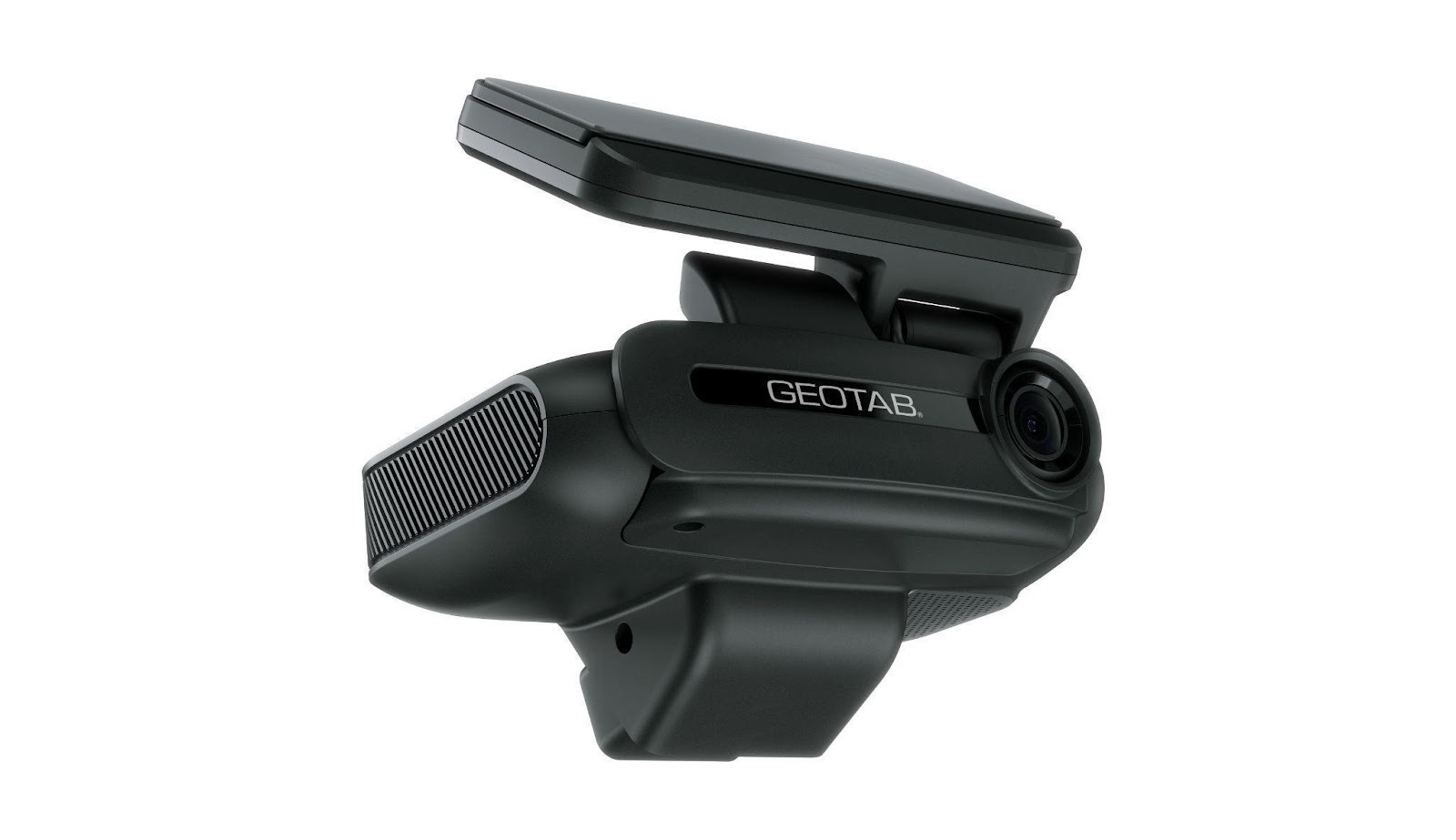 GEOTAB GO Focus Pro dash cam, black compact device with lens and mounting bracket angled view.