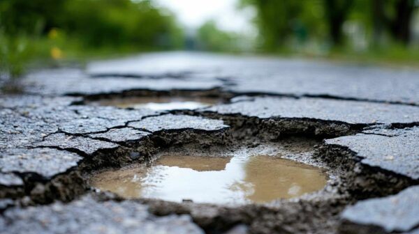 Large pothole filled with water in cracked asphalt road surface.
