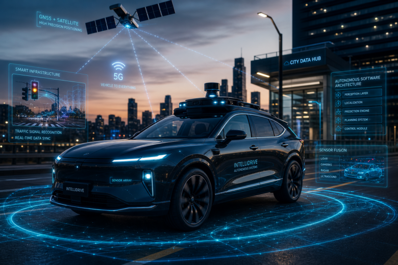 IntelliDrive autonomous vehicle infographic showing sensor fusion, 5G connectivity, GNSS satellite positioning, smart infrastructure integration, and autonomous software architecture layers