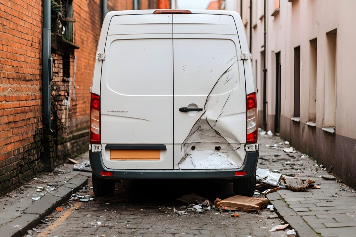 Delivery van rear ended by another vehicle in a narrow urban alley causing the van s cargo doors to be smashed open and debris scattered on the ground