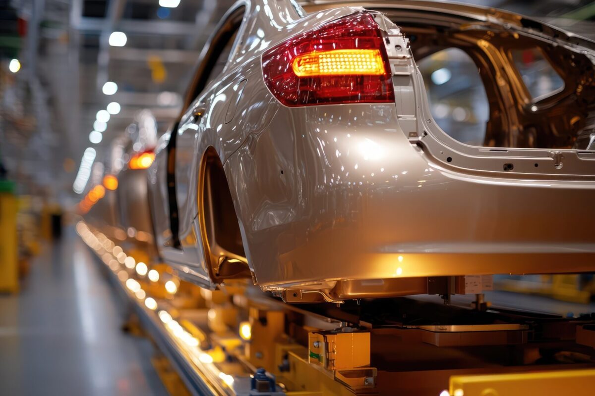 Automobile assembly plant with chassis moving through automated production stations.