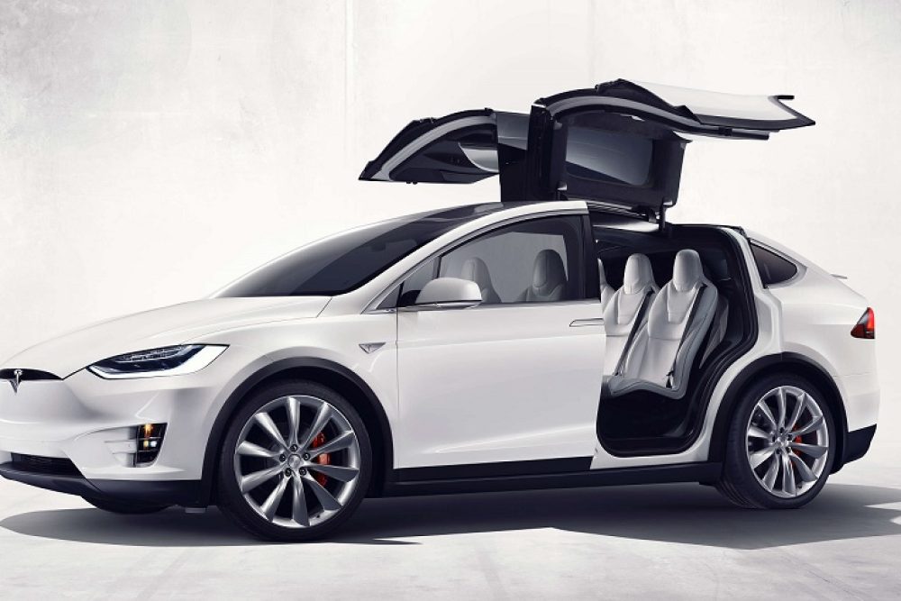 Tesla Model X front three quarter with doors open